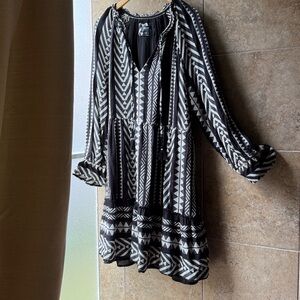 Anthropologie Dominique Tunic Dress Black and Ivory Geometric Pattern Pockets L